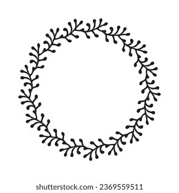 Scandi wreath in quirky vector style isolated on white background. Decorative frames for playful antique graphics. Monochrome ornate quirky illustration. 