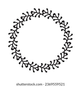 Scandi wreath in quirky vector style isolated on white background. Decorative frames for playful antique graphics. Monochrome ornate quirky illustration. 