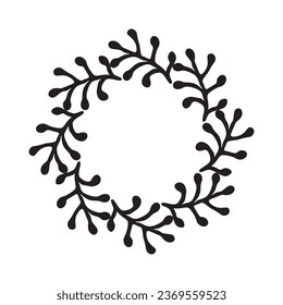 Scandi wreath in quirky vector style isolated on white background. Decorative frames for playful antique graphics. Monochrome ornate quirky illustration. 