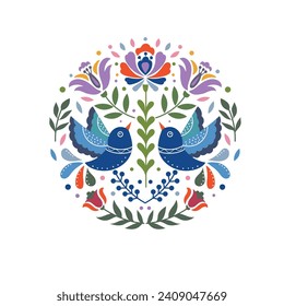 Scandianvian traditional folk art ornament vector design with flowers and birds, inspired by traditional embroidery patterns from Sweden