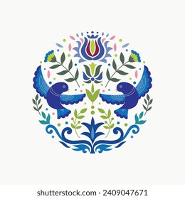 Scandianvian traditional folk art ornament vector design with flowers and birds, inspired by traditional embroidery patterns from Sweden