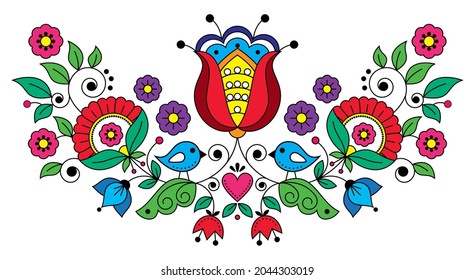 Scandianvian traditional folk art vector design with flowers, leaves, heart and bird, floral ornament inspired by traditional embroidery patterns from Sweden. Nordic and Scandic greeting card design