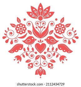 Scandianvian traditional folk art vector design with flowers and birds, inspired by traditional embroidery patterns from Sweden in strawberry red. Nordic and Scandi ornament - Valentine's Day