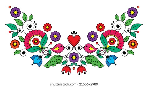 Scandianvian traditional folk art vector design with flowers, birds and heart, cute long pattern inspired by embroidery art from Scandinavia. Floral ornament perfect for Valentine's Day greeting card 