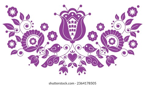 Scandianvian traditional folk art vector design with flowers, leaves, heart and birds, floral ornament inspired by traditional embroidery patterns from Sweden in  purple.Nordic and Scandi decoration