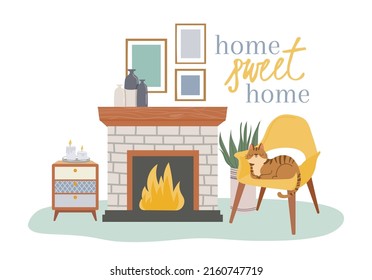 Scandic cozy interior, fireplace and cozy chair. Vector illustration of interior fireplace design room, furniture for apartment comfort relax