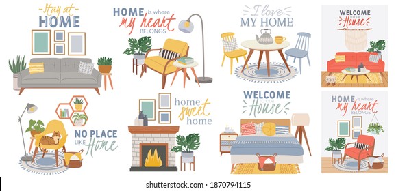 Scandic cozy interiors. Comfy furnished living room and bedroom in hygge style with armchair, plants and cat. Modern stay home vector poster. Quotations about home as no place like home