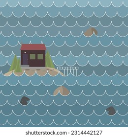 Scandic house on a small island in the sea. Vector