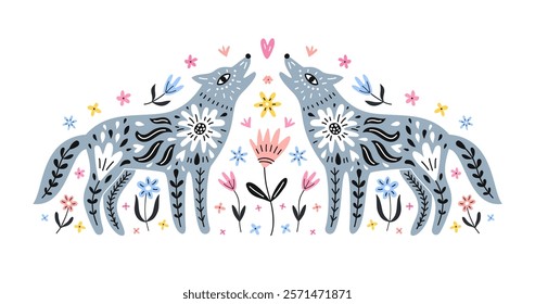 Scandic style two wolfs symmetrical composition.Ornate forest animals with floral pattern design on the flower background. EPS 10 vector hand-drawn illustration. 