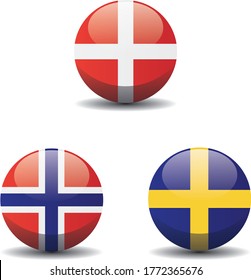 Scandinavia countries national circle button flags background texture. Scandinavian regions 3d vector illustration symbol.