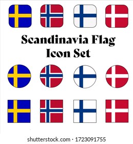Scandinavia Flag Button set - Sweden, Denmark, Finland, and Norway rounded, circle, and square for European push button concepts.	