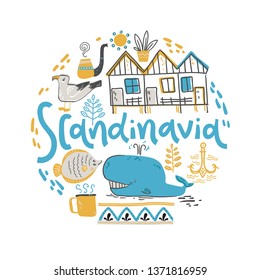 Scandinavia. Hand lettering with design elements in the round. Vector  illustration, flat naive style