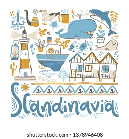 Scandinavia. Hand lettering with design elements in the square. Vector  illustration, flat naive style