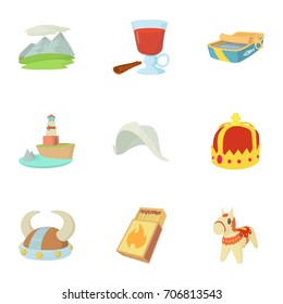 Scandinavia icons set. Cartoon set of 9 scandinavia vector icons for web isolated on white background