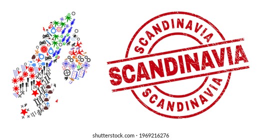 Scandinavia map collage and grunge Scandinavia red round stamp. Scandinavia stamp uses vector lines and arcs. Scandinavia map collage includes gears, homes, wrenches, suns, hands, and more icons.