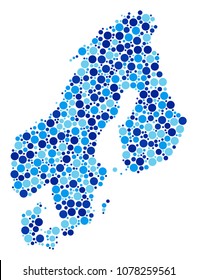 Scandinavia Map collage of round spots in different sizes and blue color tinges. Random dots are combined into Scandinavia Map illustration. Vector geographic blue map design concept.