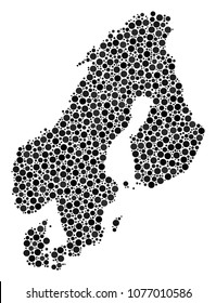 Scandinavia Map composition of round spots in variable sizes. Random dots are arranged into Scandinavia Map illustration. Vector geographic map design concept.