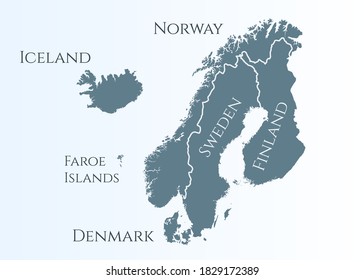 scandinavia map. Norway, Sweden, Finland, Denmark, Iceland and Faroe Islands. Nordic countries map. Vector illustration for infographics