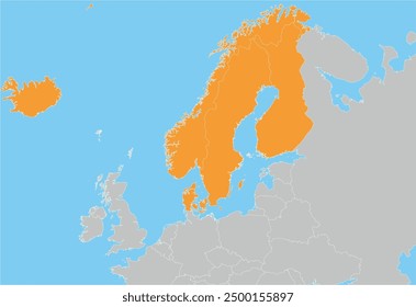 Scandinavia map of subregion of Northern Europe and surrounding countries, Denmark, Norway, Sweden,Iceland, Finland