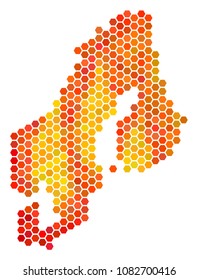 Scandinavia map. Vector hex tile territory map in hot color variations. Abstract Scandinavia map concept is combined with fired hexagonal blots.