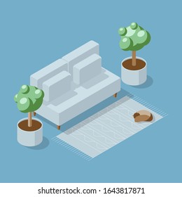 Scandinavia minimal interior isometric composition with furniture. Norwegian living room design. Comfortable cozy home. Couch, home plant, cat isolated on blue background. Vector illustration.