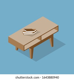 Scandinavia minimal interior. Isometric  table with books isolated on blue background. Norwegian living room design. Comfortable cozy home. Vector illustration