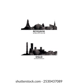 Scandinavia region cities logo and icon set. Vector graphic collection for Oslo, Reykjavik. Norway, Iceland capital skyline emblems