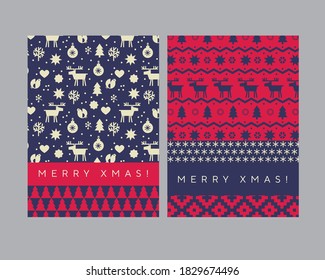 Scandinavia Style Xmas Patchwork Postcard Set. Red And Marine Blue Christmas Greetings For Web And Print. Patterns Poster For Office Christmas Party. 
