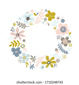 Scandinavian abstract floral wreath with hand drawn flowers, leaves. Doodle kids drawing style. Cute artistic botanical composition, background for art print, wedding invitations, greeting cards.