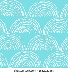 Scandinavian abstract geometric seamless pattern with hand drawn dotted archs, waves, semicircles. Stylized hill rows, clouds. Cute artistic texture, background for fabric kids print, wallpaper, cards