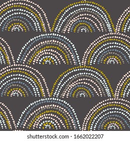Scandinavian abstract geometric seamless pattern with hand drawn dotted archs, waves, semicircles. Stylized hill rows. Cute artistic texture, background for fabric baby print, wallpaper, cards.