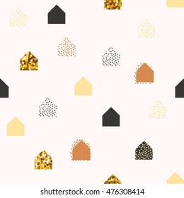 scandinavian abstract houses pattern vector background. kid houses pattern with gold glitter