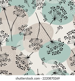 Scandinavian abstract seamless pattern with delicate dill on a light background. Vector drawing of a sprig of dill. Manual work. Great idea for postcard, calendar, holiday invitation, wrapping paper.