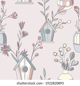scandinavian abstract seamless pattern with flowers and birdhouses