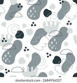 Padrão escandinavo abstrato sem costura, formas orgânicas pastel, manchas e linhas. Fundo moderno minimalista.