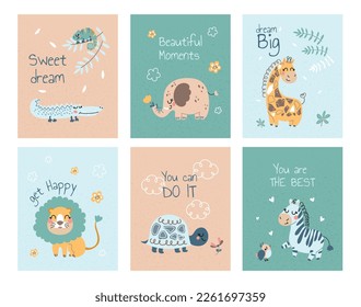 Scandinavian Africa banner set. Collection of posters with tropical animals and quotes. Elephant, giraffe, zebra, crocodile and lion. Cartoon flat vector illustrations isolated on white background