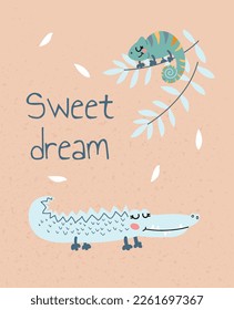 Scandinavian africa crocodile banner. Tropical animal with sweet dream inscription. Safari and jungle, wild life and fauna. Exotic aquatic predator, dangerous lizards. Cartoon flat vector illustration