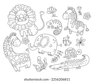 Scandinavian africa lines pattern. Tropical and exotic animals. Minimalistic creativity and art, aesthetics and elegance. Lion, Zebra, Elephant, Giraffe and chameleon. Cartoon flat vector illustration