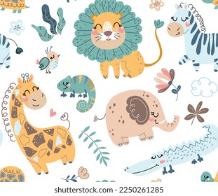 Scandinavian africa seamless pattern. Repeating design element for printing on fabric. Tropical and exotic animals, wildlife. Lion, giraffe, zebra and crocodile. Cartoon flat vector illustration