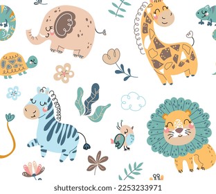 Scandinavian africa seamless pattern. Repeating design element for printing on fabric. Lion, giraffe, elephant, turtle and zebra. African savanna, flora and fauna. Cartoon flat vector illustration