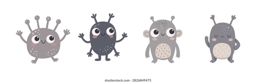 Scandinavian Alien Character Collection with Gray and Purple Extraterrestrial Creatures