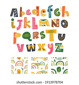 skandinavisches Alphabet und nahtlose Muster setzen süße Fantasieklammer Kunst bunte Kollektion isoliertes Element