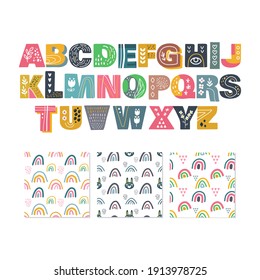 alfabeto escandinavo y conjunto de patrones sin fisuras linda fantasía clipart colección blanca negra elemento aislado