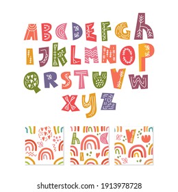 scandinavian alphabet and seamless pattern set cute fantasy clipart colorful collection isolated element