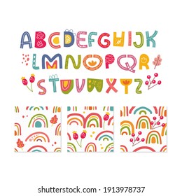 skandinavisches Alphabet und nahtlose Muster setzen süße Fantasieklammer Kunst bunte Kollektion isoliertes Element