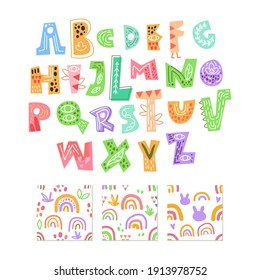 scandinavian alphabet and seamless pattern set cute fantasy clipart colorful collection isolated element