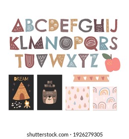 scandinavian alphabet, seamless pattern set cute fantasy and clipart colorful collection isolated element