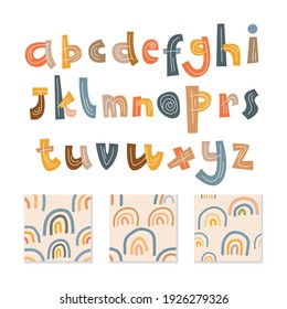 scandinavian alphabet and seamless pattern set cute fantasy clipart colorful collection isolated element