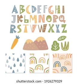 scandinavian alphabet and seamless pattern set cute fantasy clipart colorful collection isolated element