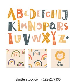 scandinavian alphabet and seamless pattern set cute fantasy clipart colorful collection isolated element